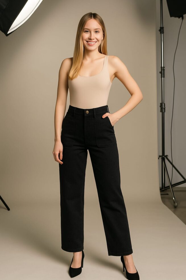 Pantalón recto negro c/tachas